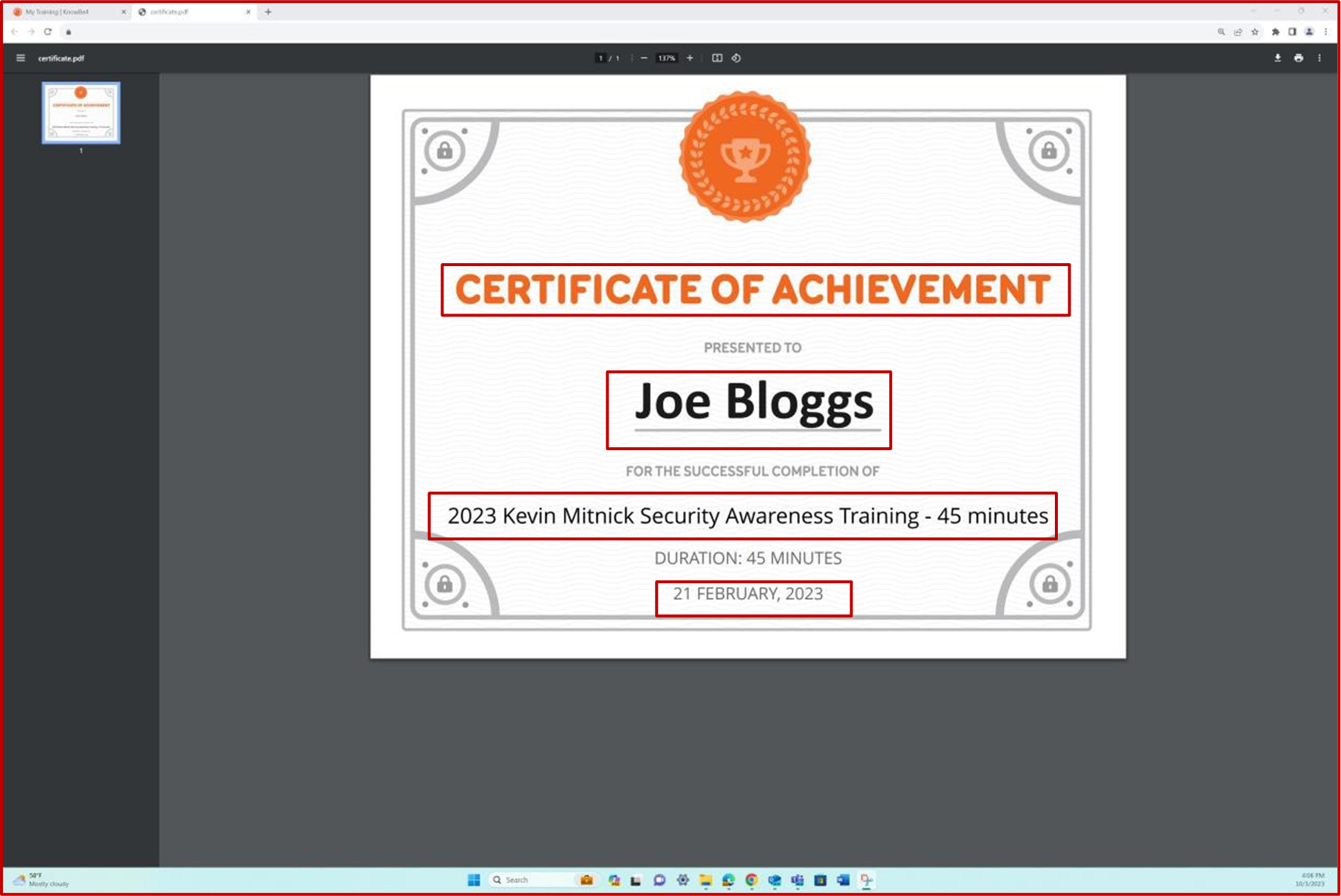 Certificate of Achievement for training completion presented to Joe Bloggs