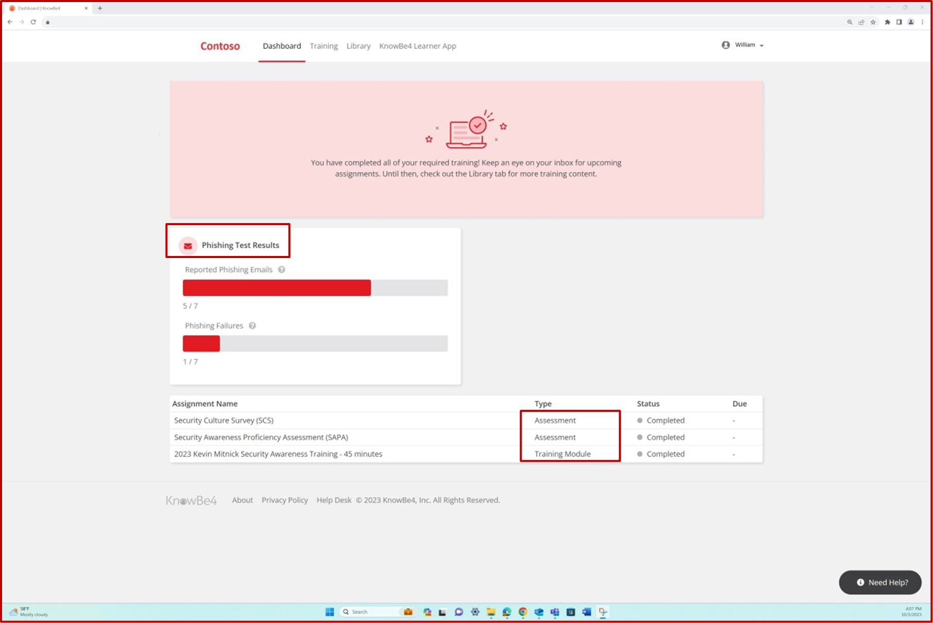 Contoso dashboard showing training simulations and test results.