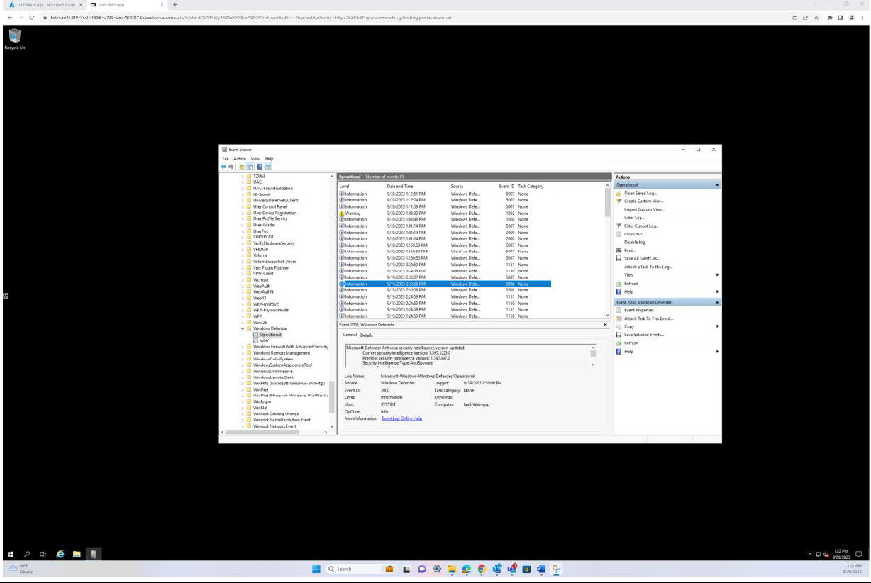 Windows event viewer, IaaS web app is highlighted with details and actions