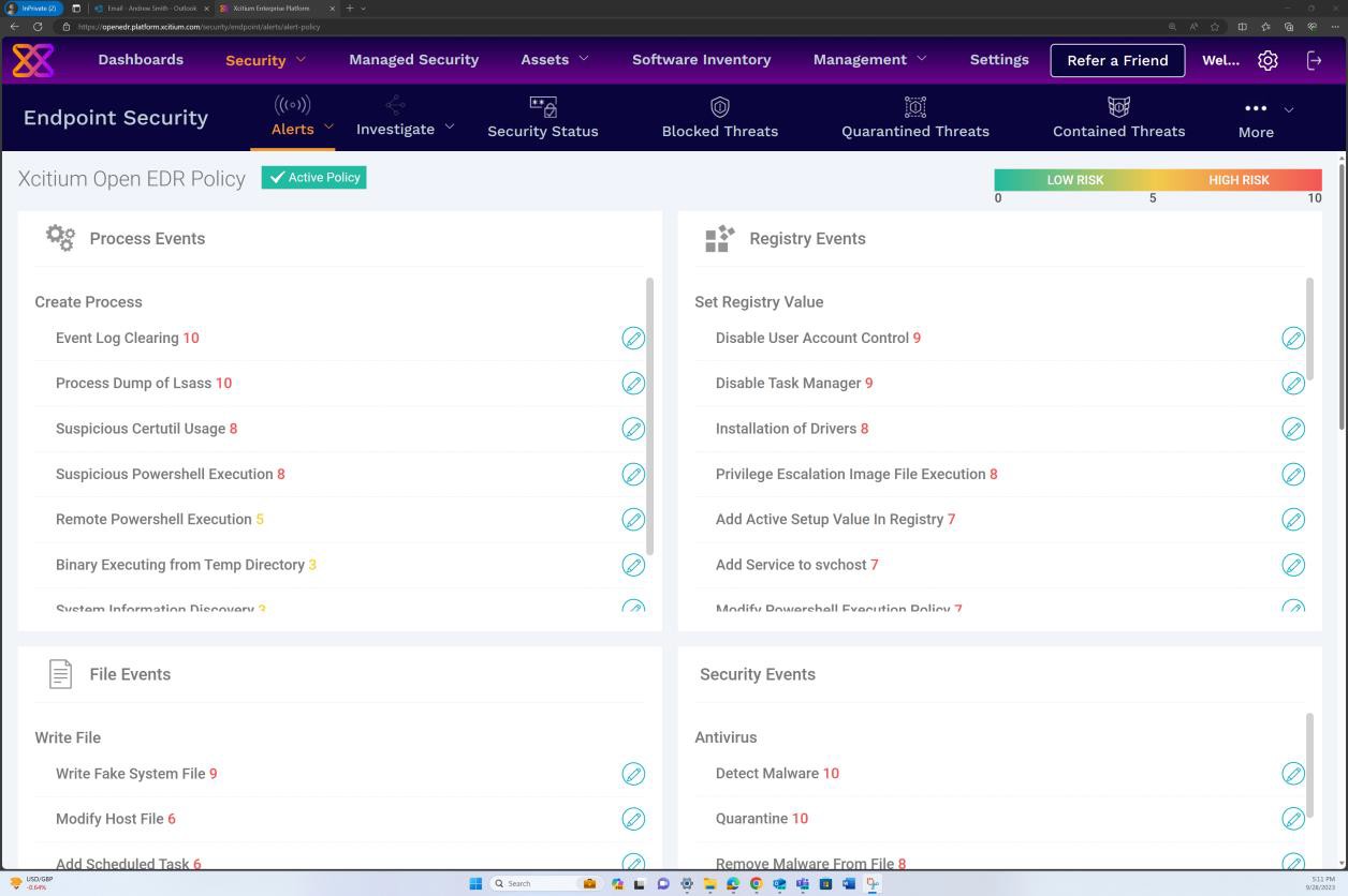 Xcitium Open EDR policy alerts settings for process events, registry events, file events, and security events.