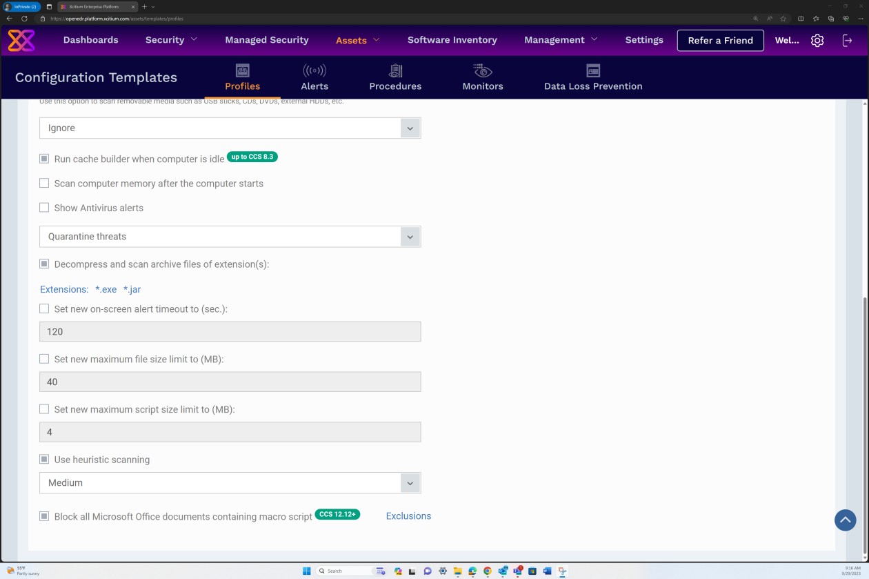 Configuration templates profiles with macro script office documents blocked.