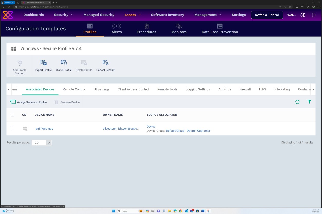 Windows secure profile with associated device list. IaaS web-app with owner name and source associated.