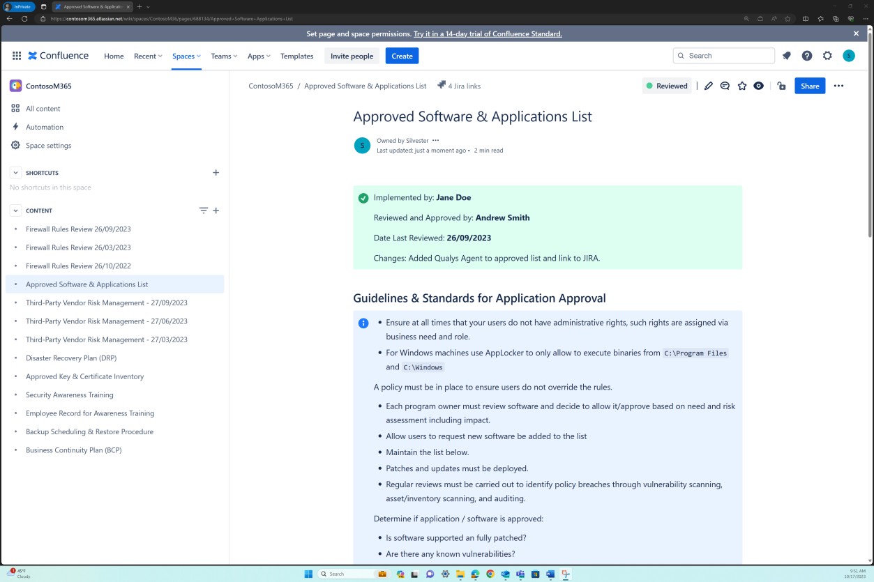 Confluence list of approved software and apps with guidelines nad standards for app approvals.