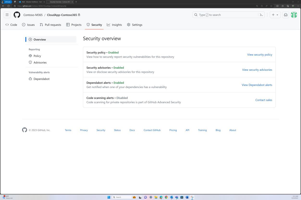 GitHub security overview with 4 policies listed as enabled.