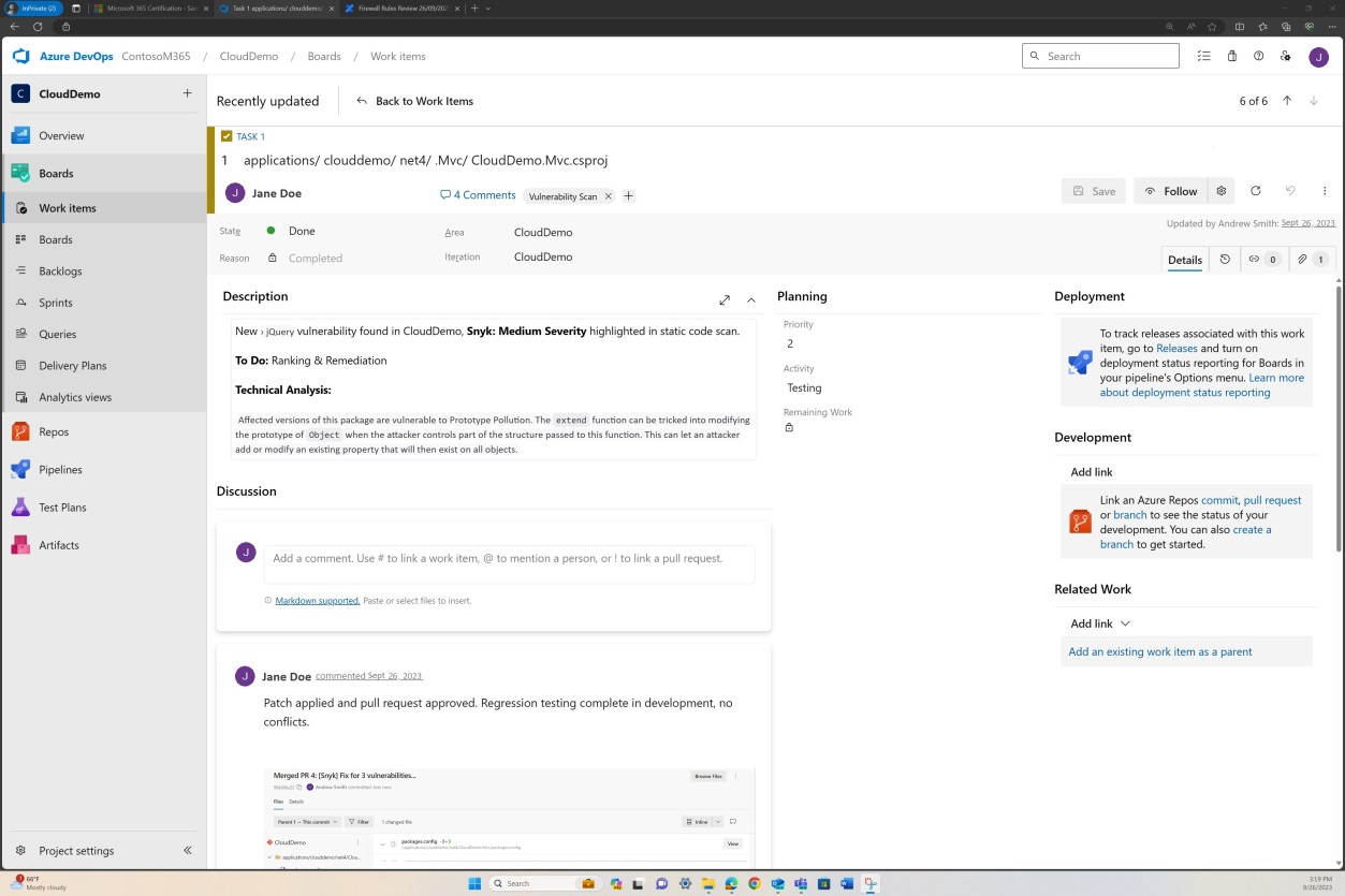 Azure DevOps board task list with description of vulnerability with comments.