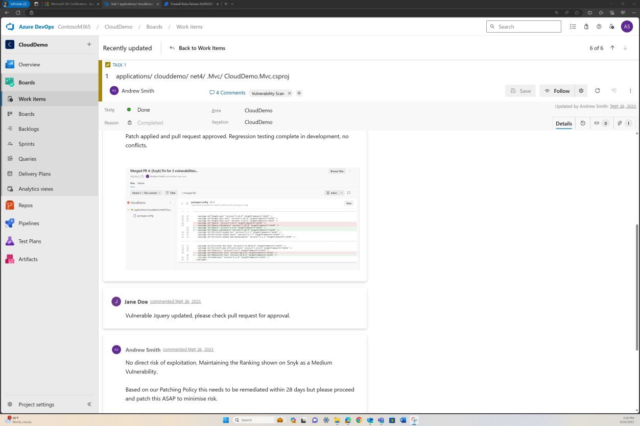 Azure DevOps board task list listing patch applied and pull request approved.