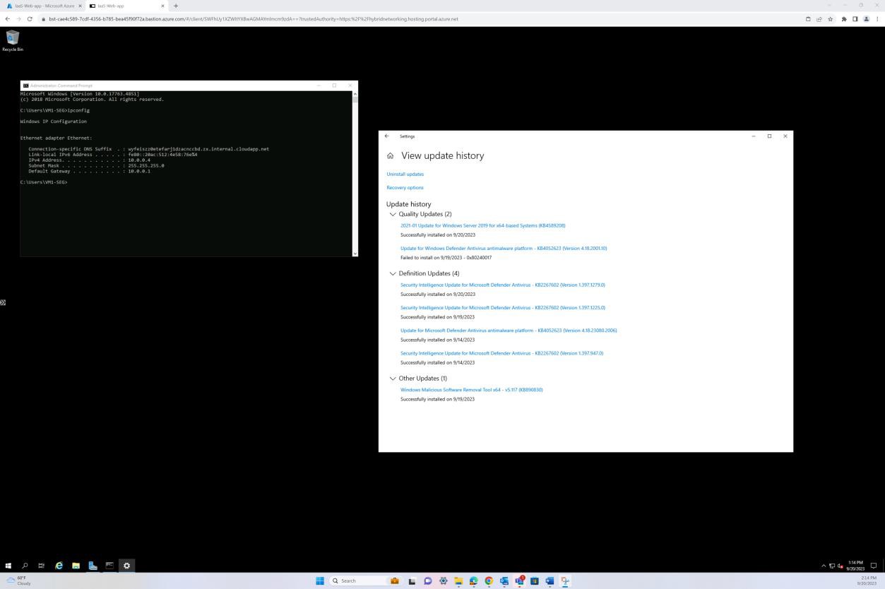 Windows virtual machine, command prompt with View update history pop up