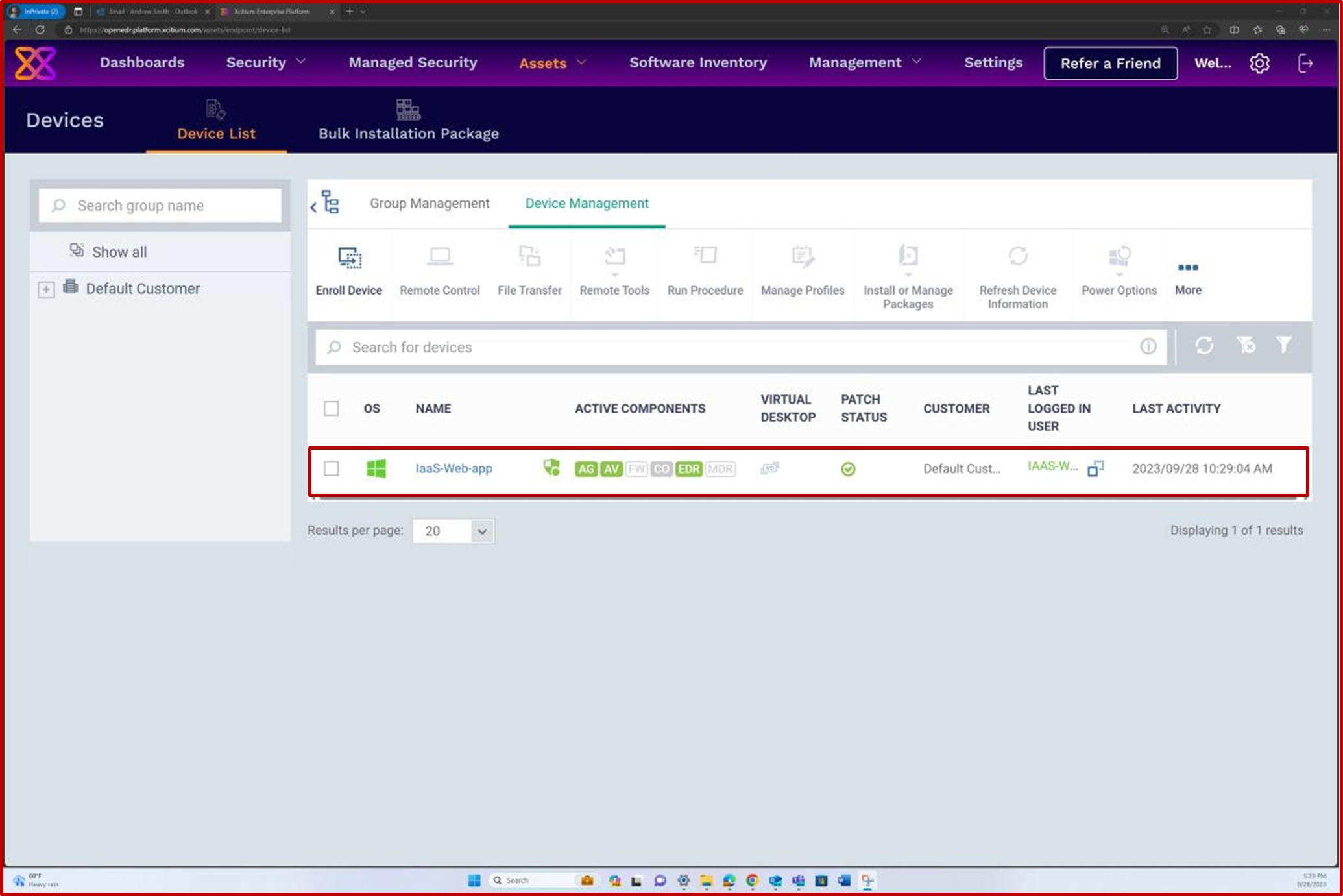 Device management in OpenEDR portal with IaaS Web-app highlighted.
