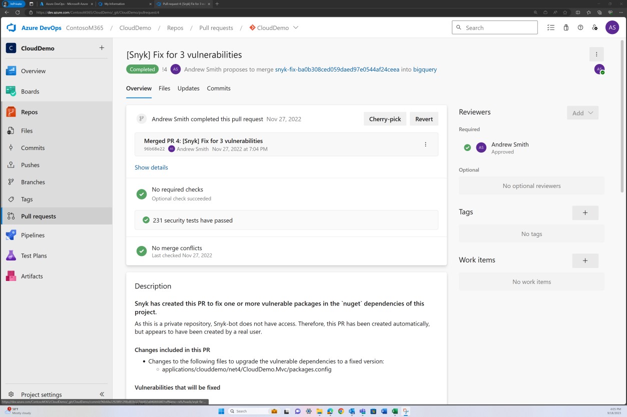 Azure DevOps pull request with completed merged PR and description.