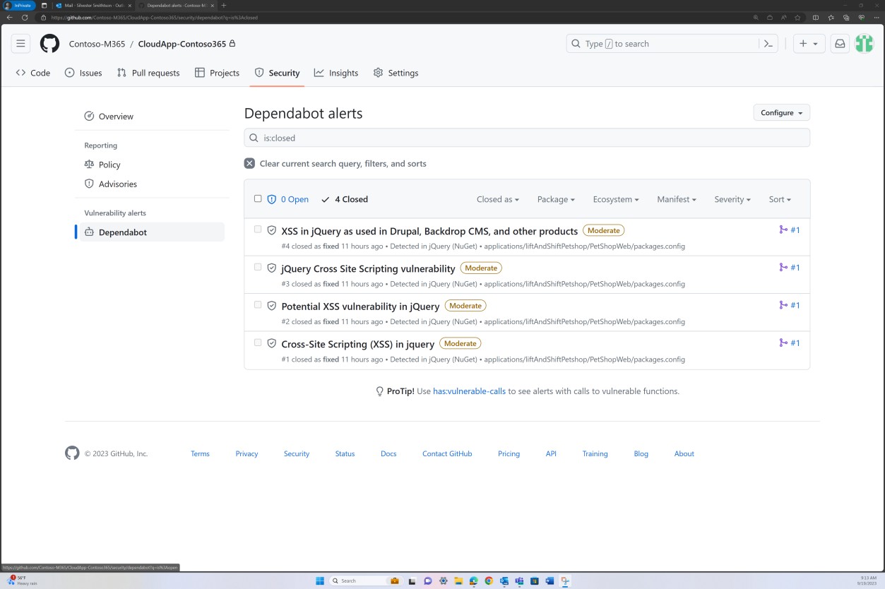 GitHub alerts for dependabot with 4 open alerts all with moderate severity labels.