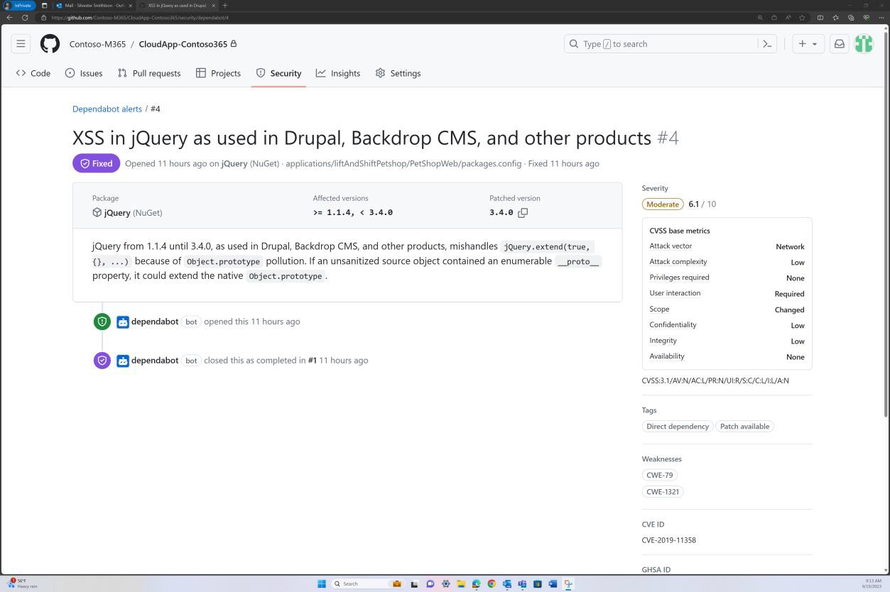 GitHub alerts for XSS in jQuery as used in drupal, backdrop CMS, and other products. The alert is listed as fixed 11 hours ago.