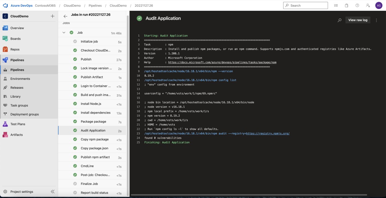 Azure DevOps Pipelines audit application run results.