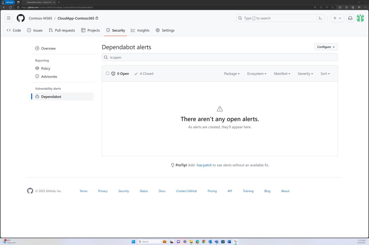 GitHub alerts page for dependabot showing no open alerts.