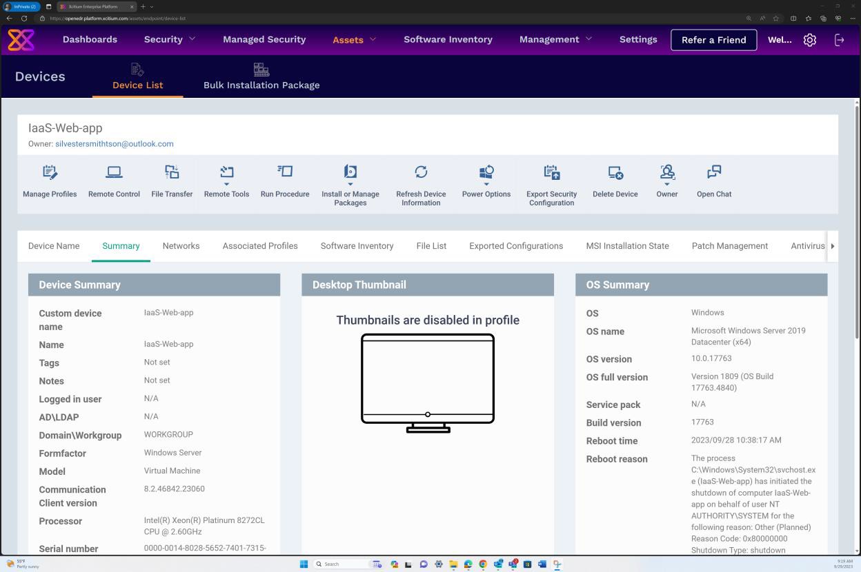 OpenEDR device summary, desktop thumbnail and OS summary.