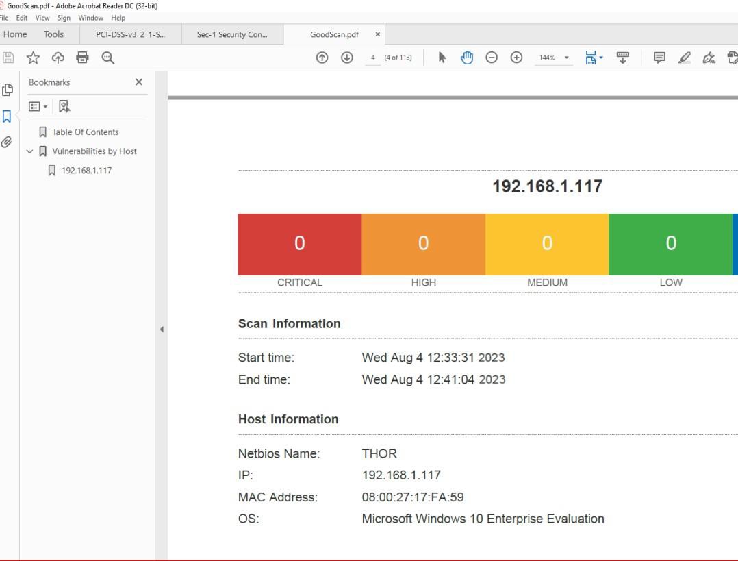 Nessus vulnerability report pdf showing no vulnerabilities found.