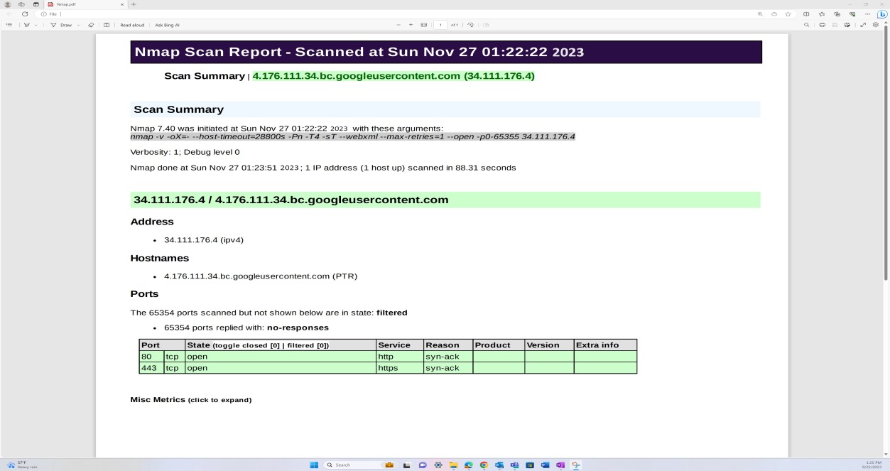 Nmap scan report with summary, address, hostnames, and ports.