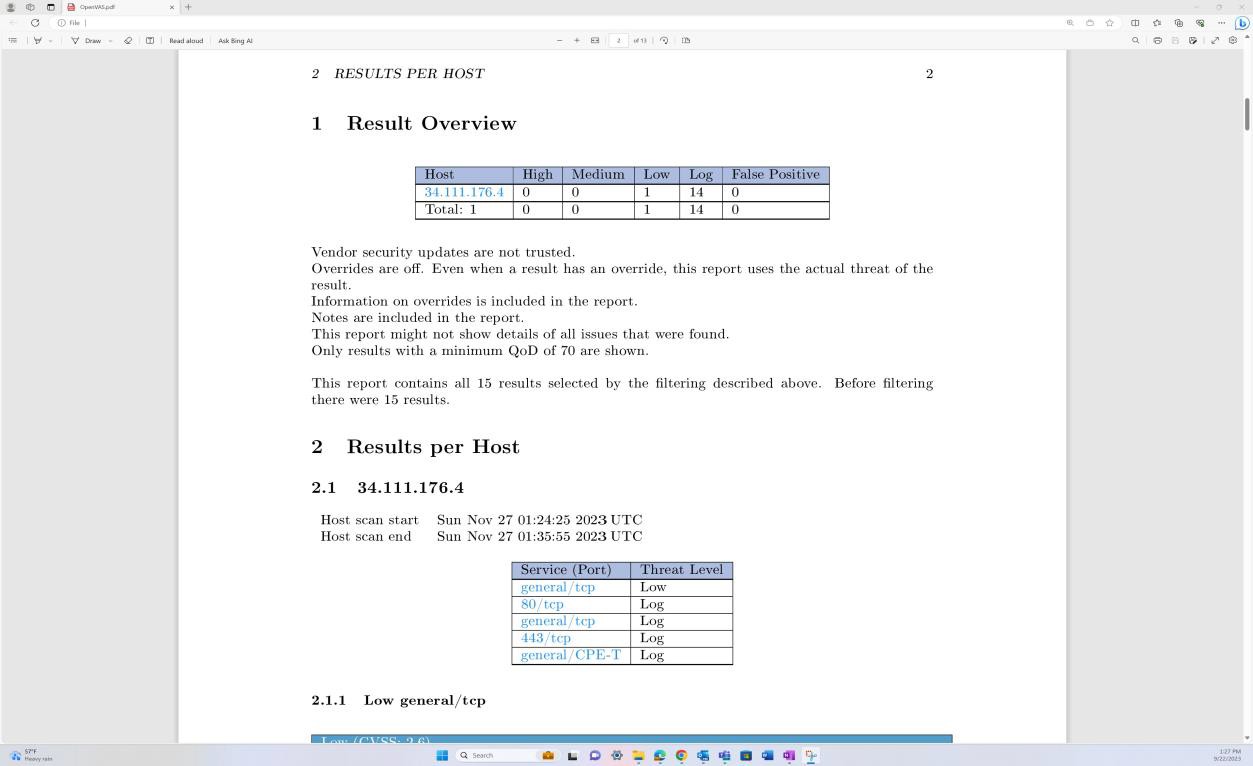 PDF vulnerability report results from OpenVAS.