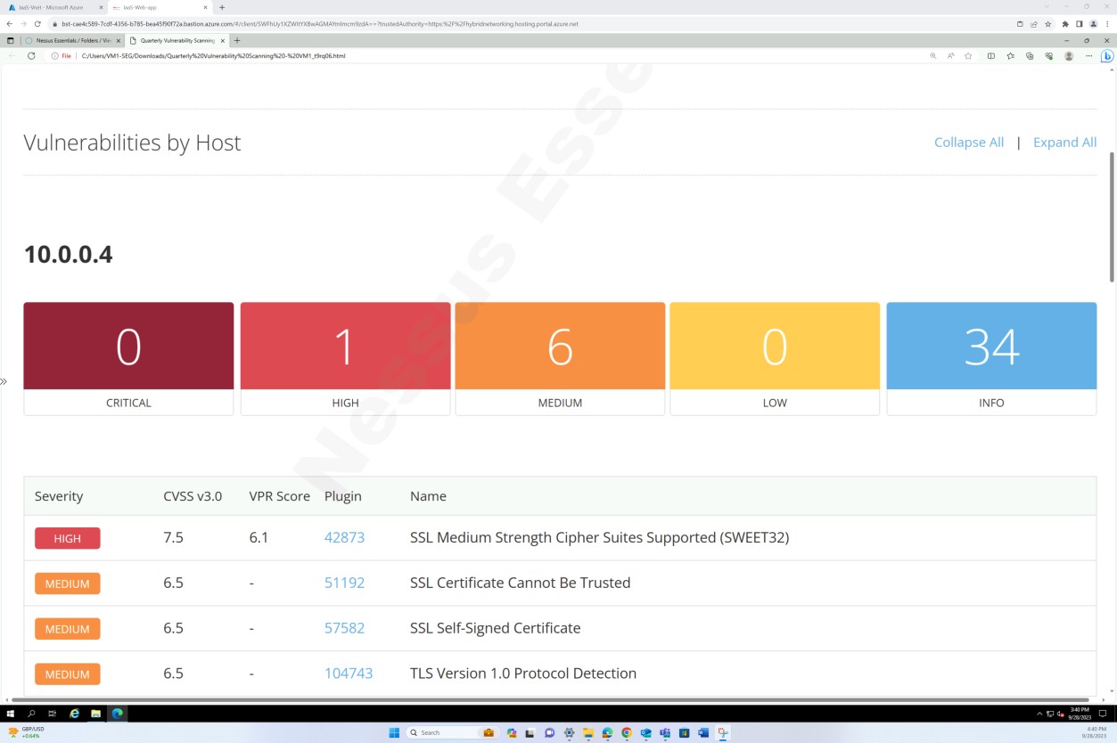 Nessus scanning report page 2 showing a listing of found vulnerabilities by severity.