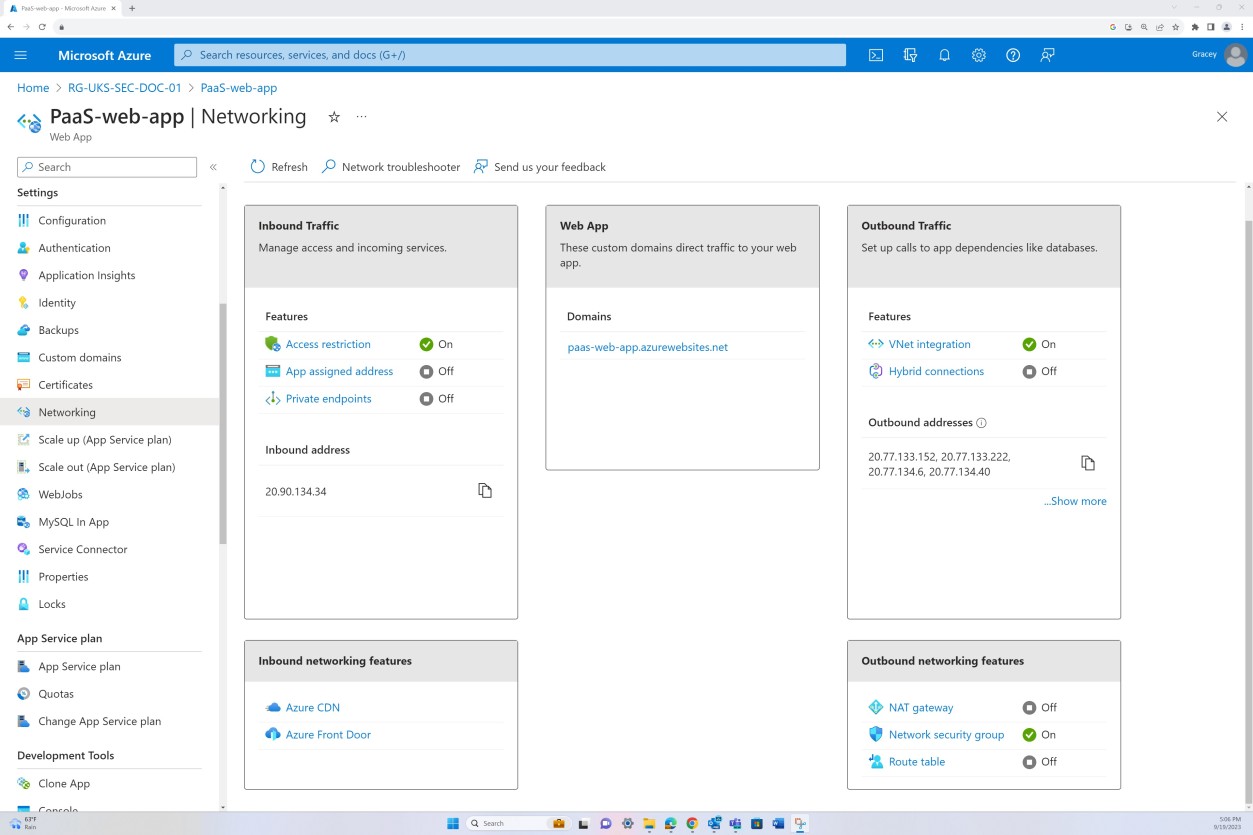 Azure networking with cards for inbound traffic, inbound networking features, web app, outbound traffic, outbound networking features.