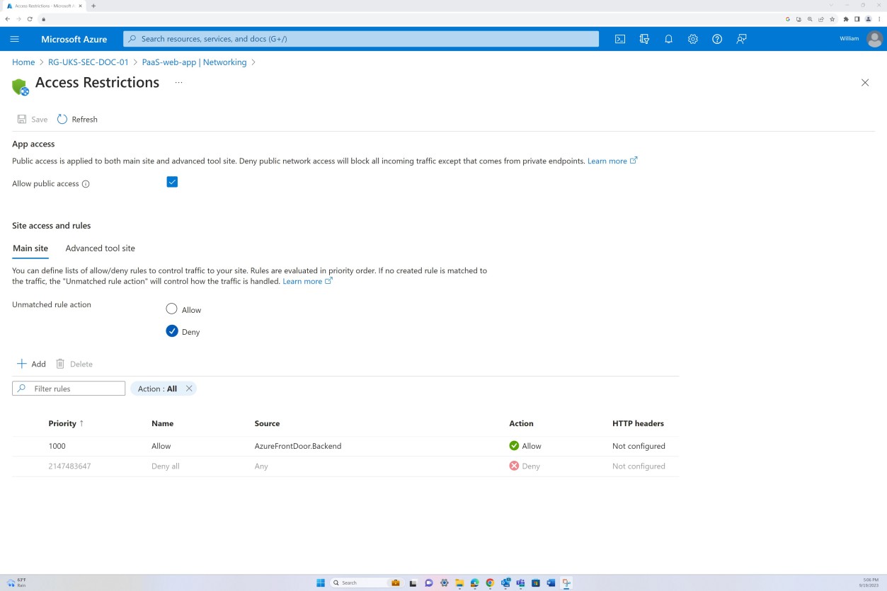 Azure access restrictions including app access, site access and rules, with filters for priority, action, and HTTP headers.