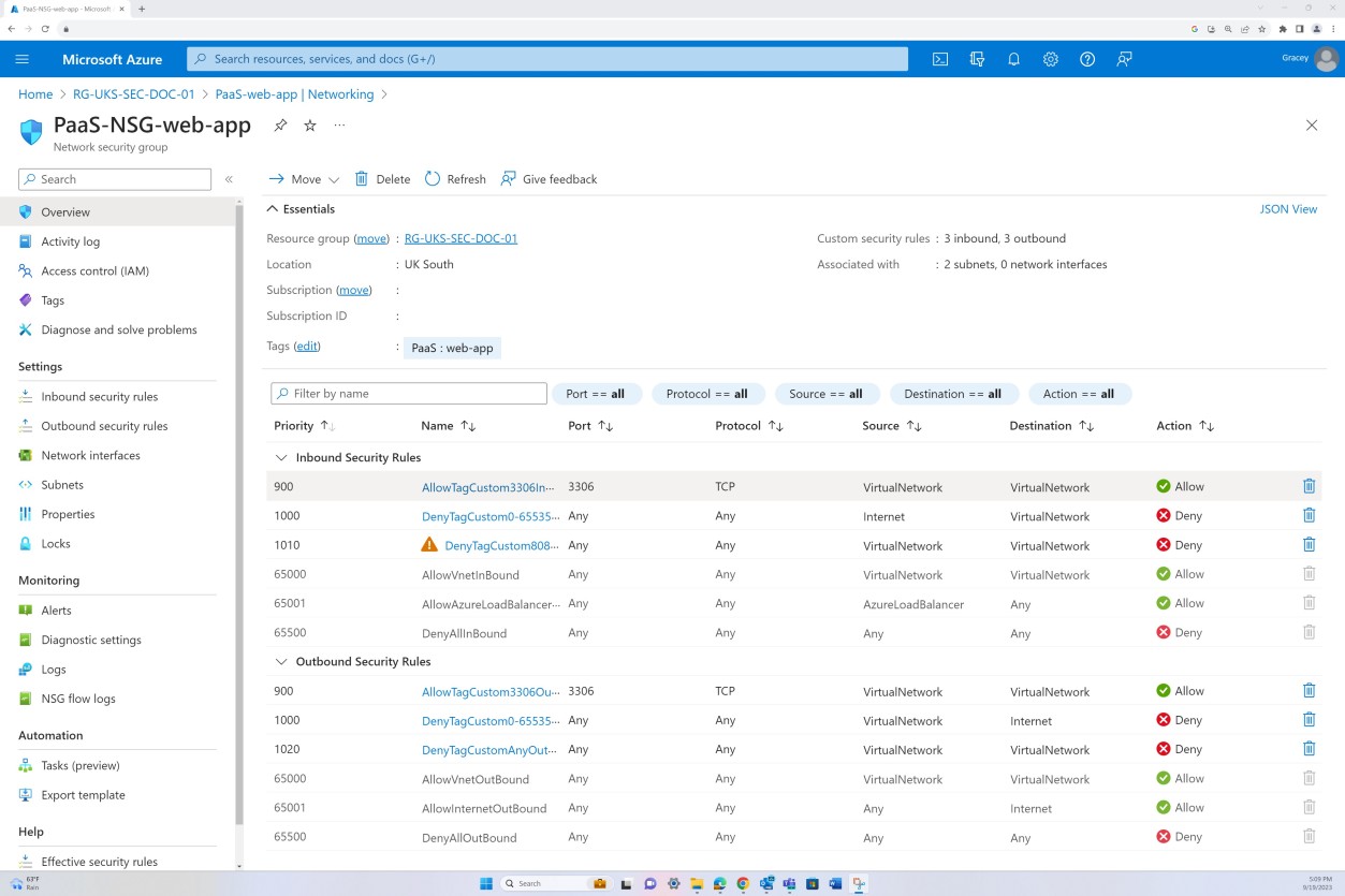 Azure networking Paas-NSG-web-app overview with inbound and outbound security rules listed.