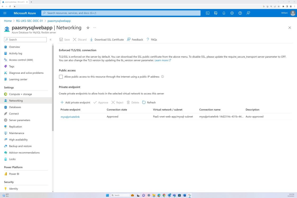 Azure networking for pasysqlwebapp  with enforced TLS/SSL connection, public access unchecked.