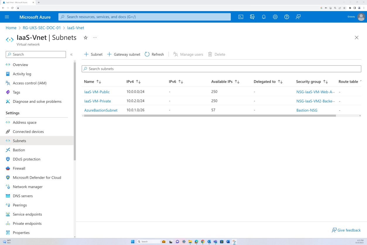 Azure Subnets, IaaS-Vnet Subnet with Public, Private, and AzureBastionSubnet line items.