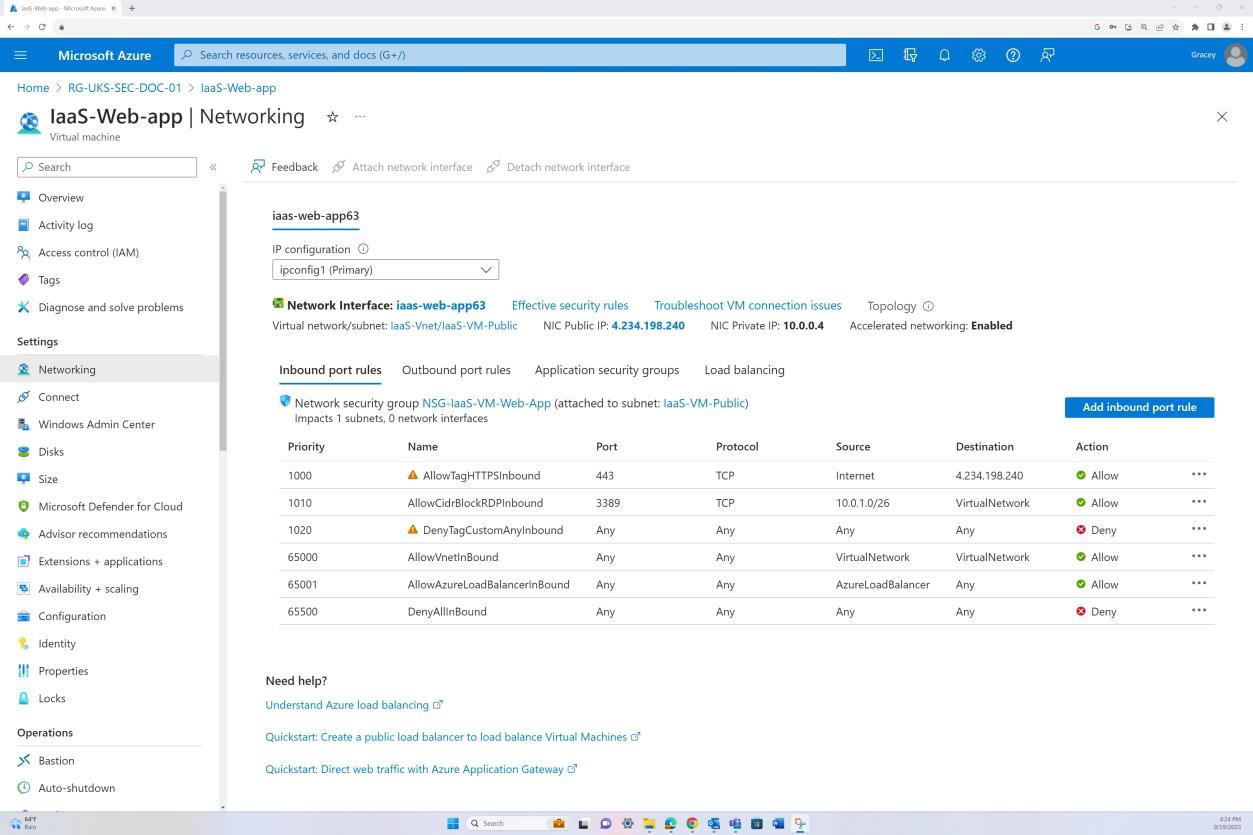 Azure networking for IaaS-VM-Backend with network interface list, inbound port rules and a listing of protocols. Port 443 is listed as allowed.