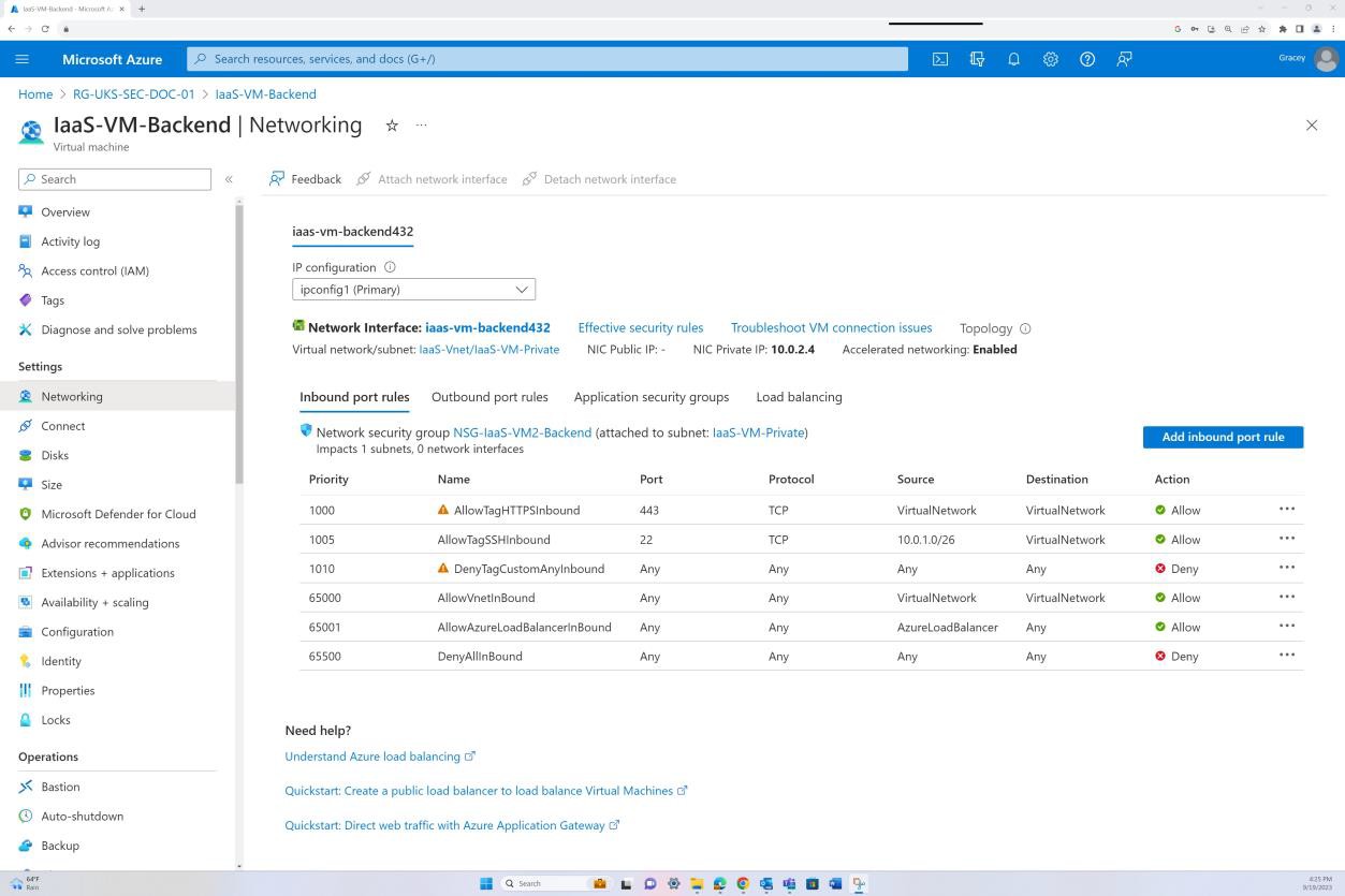 Azure networking for IaaS-VM-Backend with network interface list, inbound port rules and a listing of protocols.