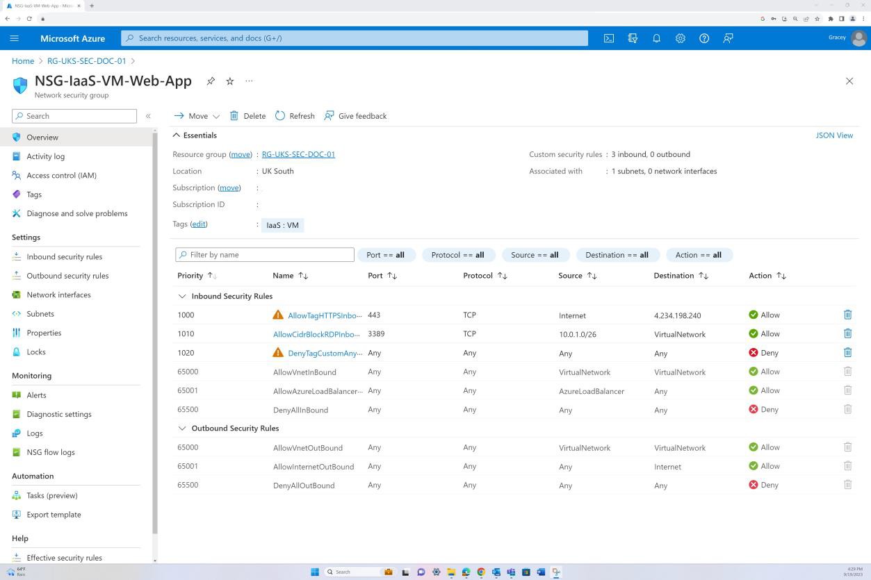 Azure network security group overview with essential details and inbound / outbound security rules line items.
