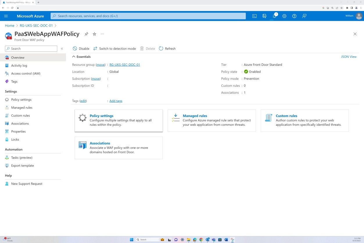 Azure Front Door WAF policy overview with essentials and links to policy settings, managed rules, custom rules, and associations.