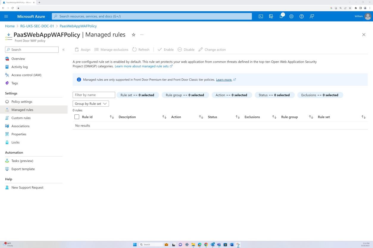 Azure Front Door managed rules overview with 0 results.