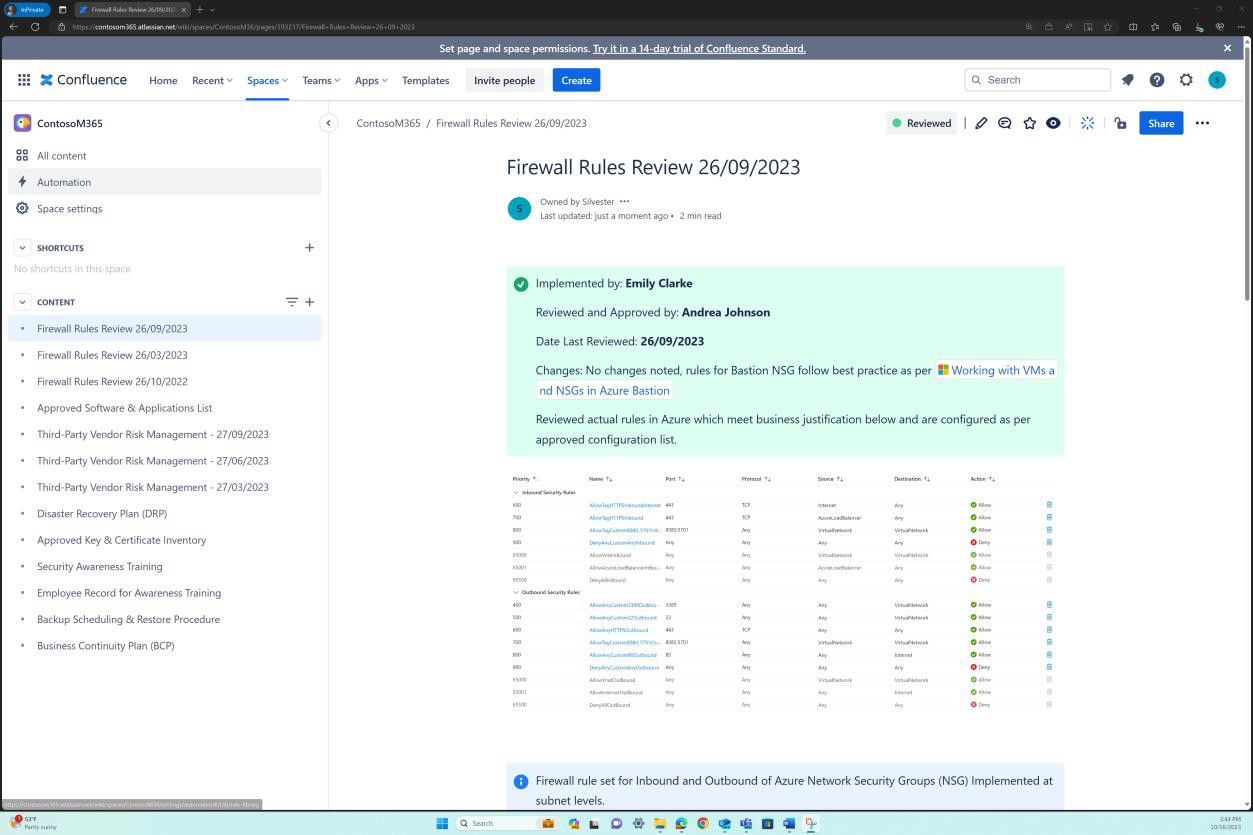 Confluence firewall rules review with implementation details, approver, reviewer, and list of actual rules to be reviewed.