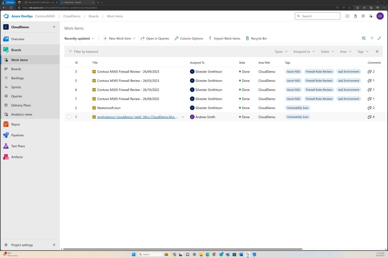 Azure DevOps work items log of Contoso Firewall rEviews completed with dates spanning over 1 year.