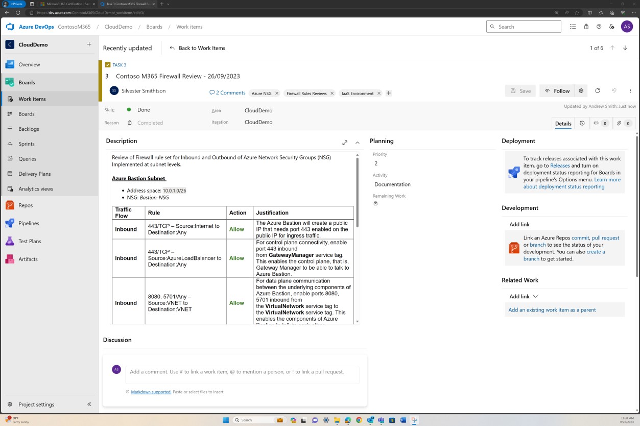 Azure DevOps Contoso M365 Firewall Review with description of the review rule set with inbound, outbound, action, and justification.