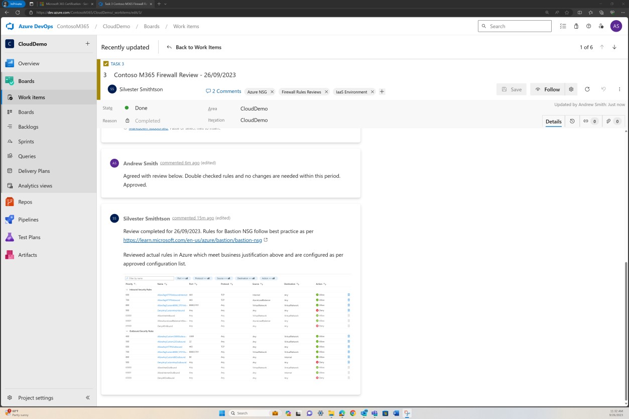 Azure DevOps Contoso M365 Firewall Review showing as done. A detailed list of the reviewed rules in Azure with details has been approved by Andrew Smith.