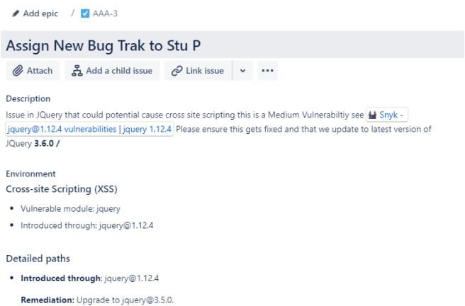 Jira ticket Assign New Bug Trak to Stu P. Includes description of issue, environment as cross-site scripting, XSS