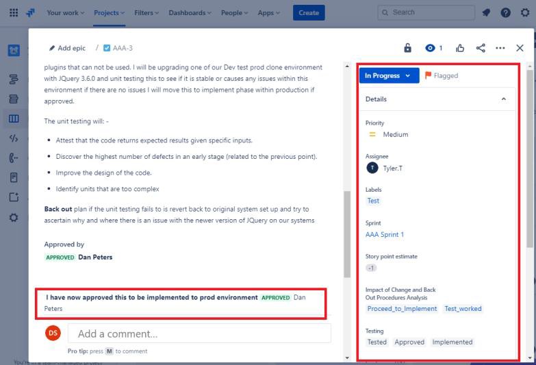 Jira ticket add epic screen with Dan Peters approval to implement to prod environment. Status is in progress.