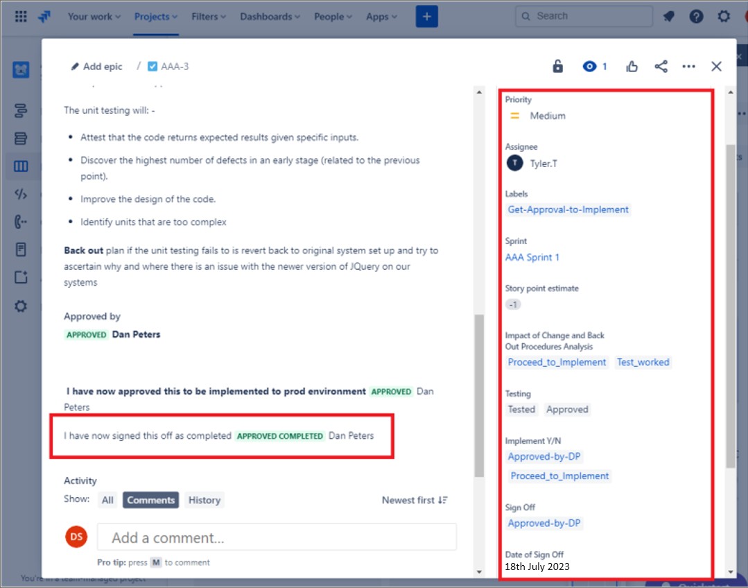 Jira ticket add epic screen with Dan Peters sign off as approved completed. Priority is medium and ticket details are highlighted.