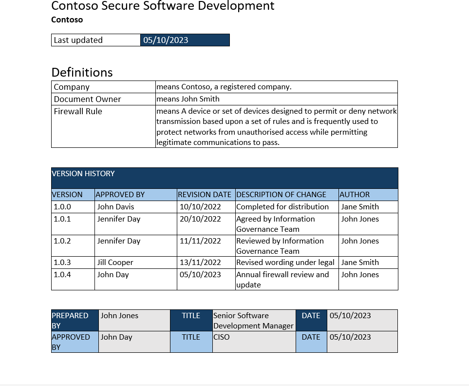 Contoso secure software development policy header with definitions, version history and prepared by.