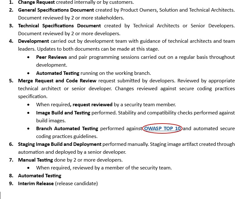Development policy document calling out OWASP TOP 10 to be performed as branch automated testing for secure coding practices and guidelines.