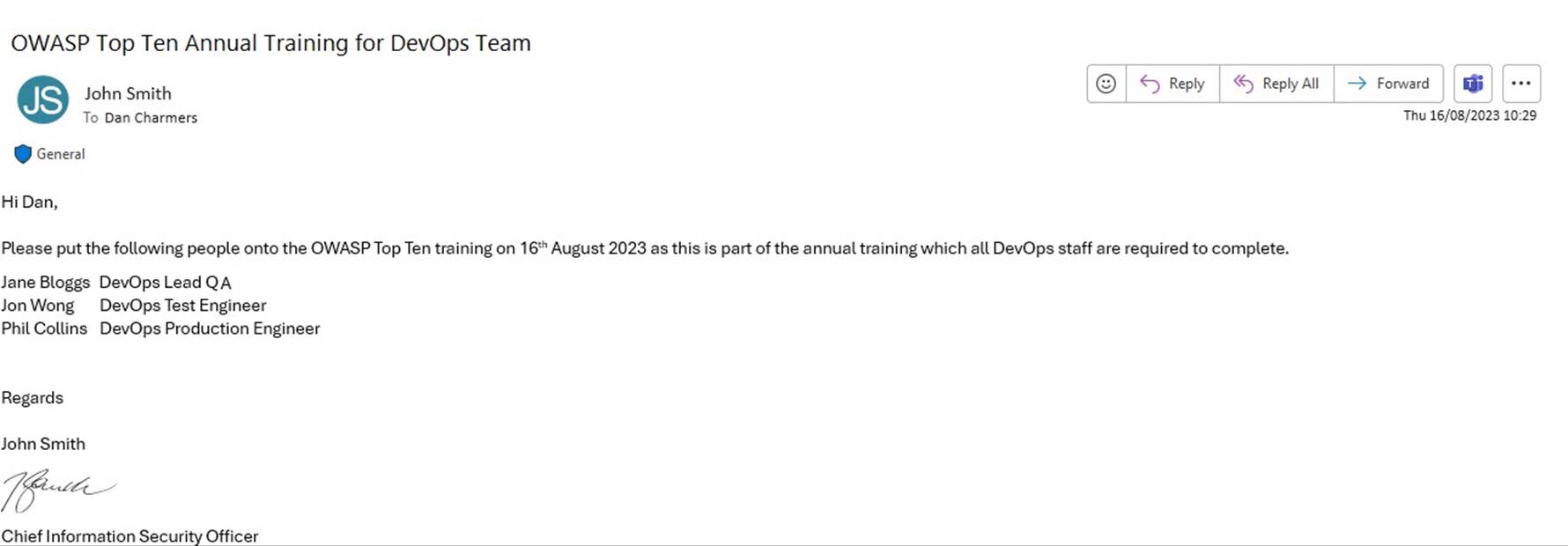Email subject OWASP Top Ten Training for DevOps Team from John requesting Dan to put a list of three people on the training required list.