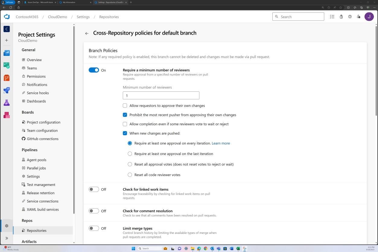 Azure DevOps project settings repositories branch policies with require a minimum number of reviewers checked.