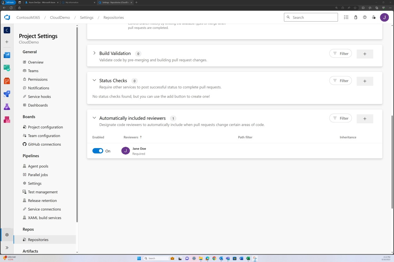 Azure DevOps Repos project settings with build validation, status checks, and automatically included reviews with Jane Doe selected.