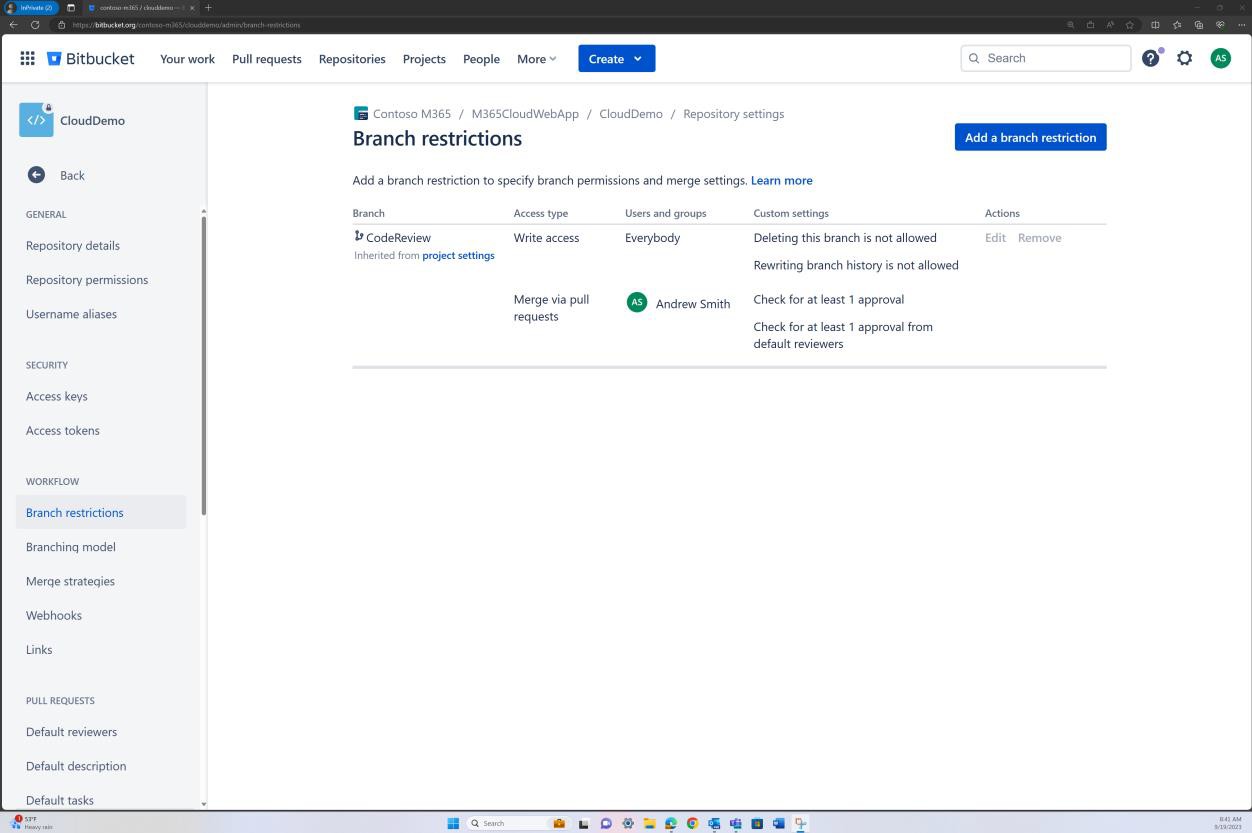 Bitbucket branch restrictions repo settings.