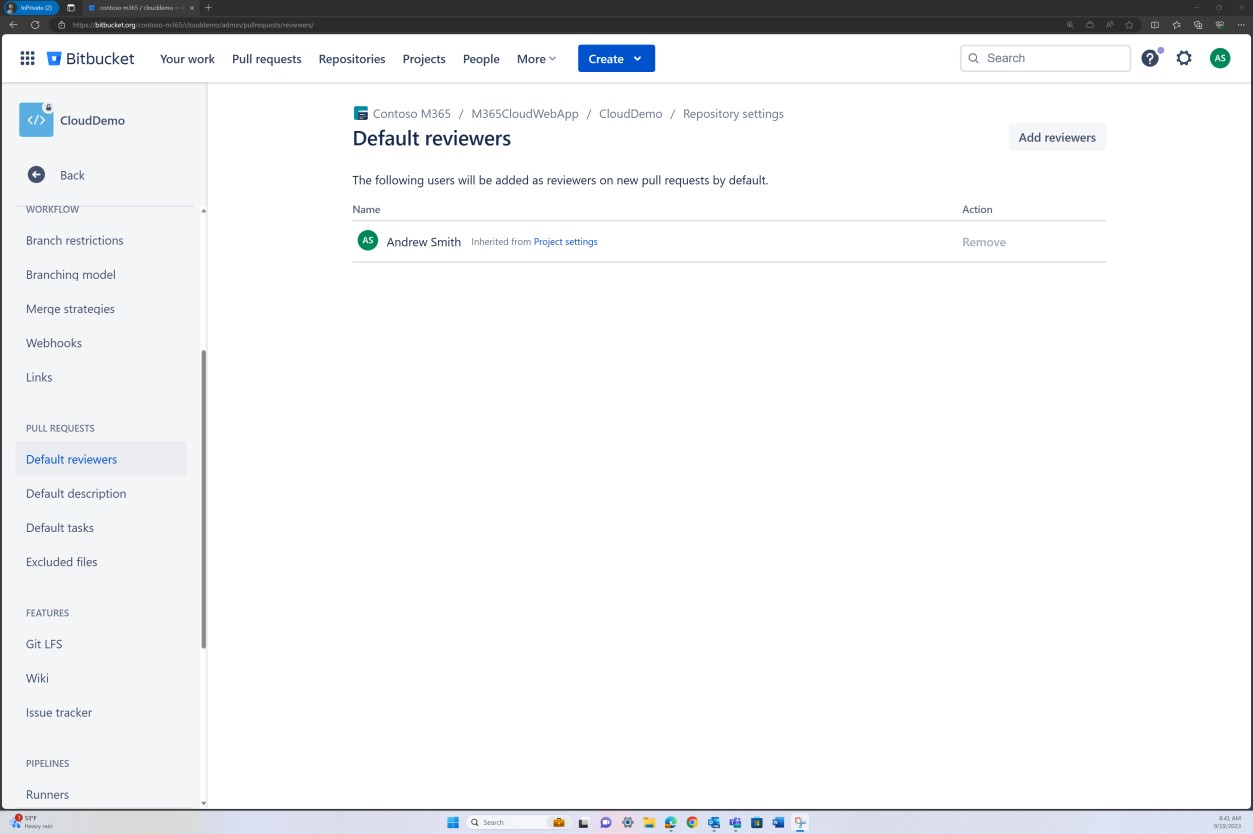 Bitbucket default reviewers showing andrew Smith.