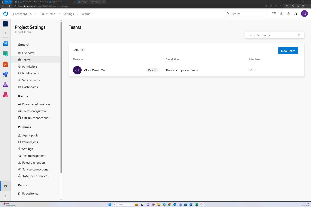 Azure DevOps Teams project settings for CloudDemo Team.