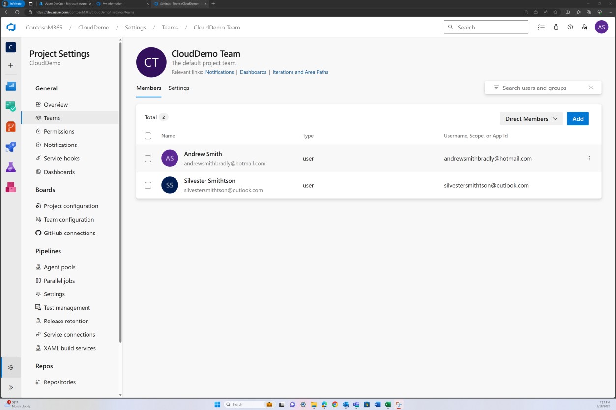 Azure DevOps teams project settings for CloudDemo Team showing two users.