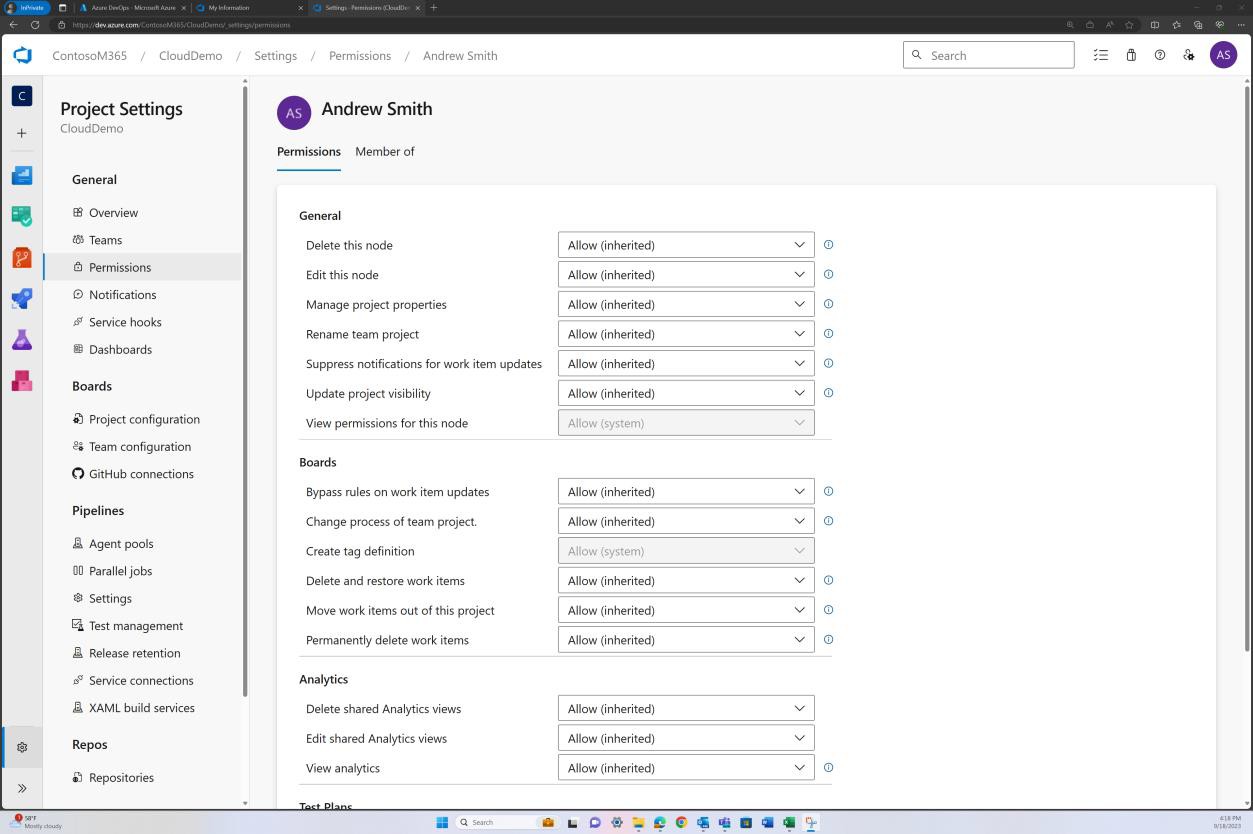 Azure DevOps permissions project settings for Andrew Smith.