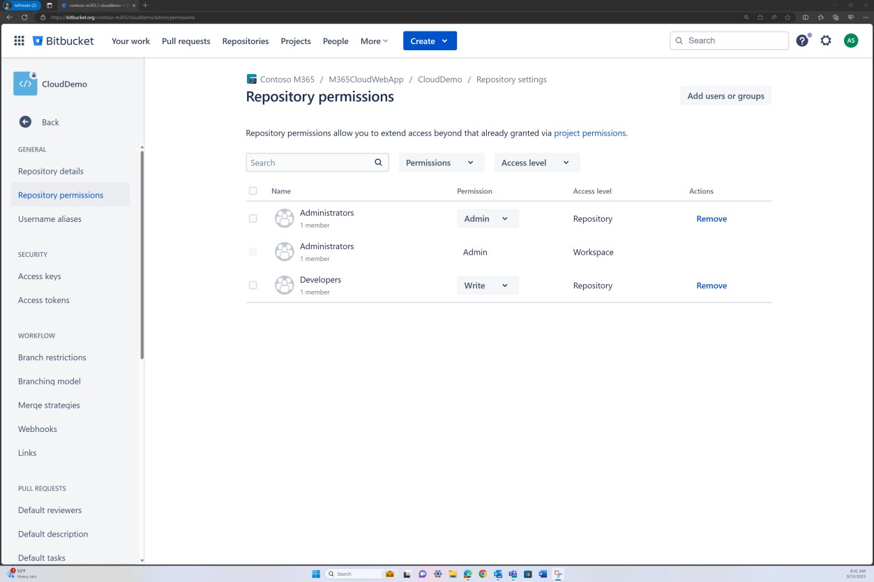 Bitbucket repository permissions showing two admins and one developer as members.
